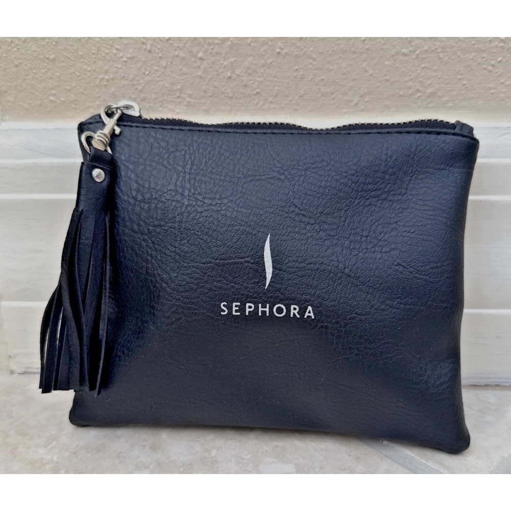 New Sephora Makeup Bag Black Faux Leather Zebra Lining Zip W/ Tassel Size Small